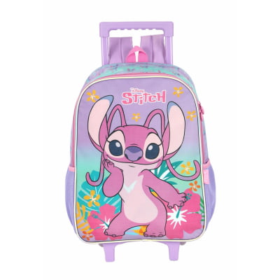 Kit Mochila Infantil C/ Rodinhas Lilás Tam. 16 + Lancheira Térmica Angel e Stitch