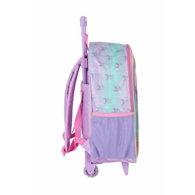 Kit Mochila Infantil C/ Rodinhas Lilás Tam. 16 + Lancheira Térmica Angel e Stitch