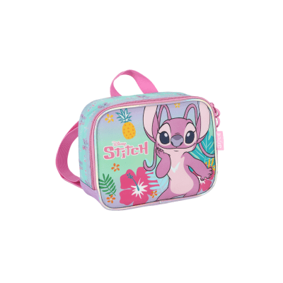 Kit Mochila Infantil C/ Rodinhas Lilás Tam. 16 + Lancheira Térmica Angel e Stitch