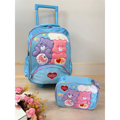 Kit  Mochila Infantil c/ Rodinhas Tam.16 + Estojo Box dos Ursinhos Carinhosos Azul