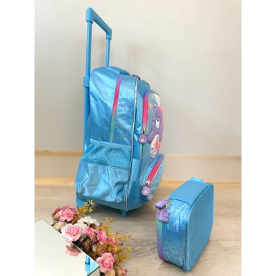 Kit  Mochila Infantil c/ Rodinhas Tam.16 + Estojo Box dos Ursinhos Carinhosos Azul