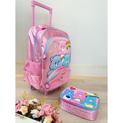 Kit Mochila Infantil c/ Rodinhas Tam. 16 + Estojo Box dos Ursinhos Carinhosos Rosa