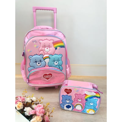 Kit Mochila Infantil c/ Rodinhas Tam. 16 + Estojo Box dos Ursinhos Carinhosos Rosa
