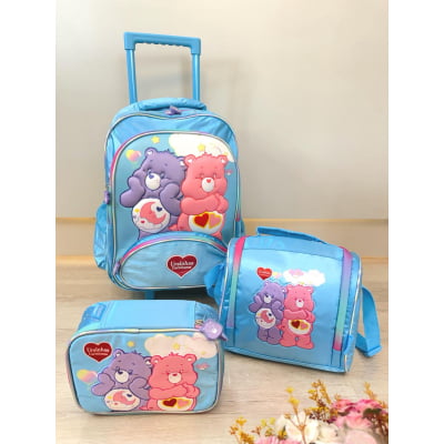 Kit Mochila Infantil Tam. 16 + Estojo Box + Lancheira Térmica Ursinhos Carinhosos Azul