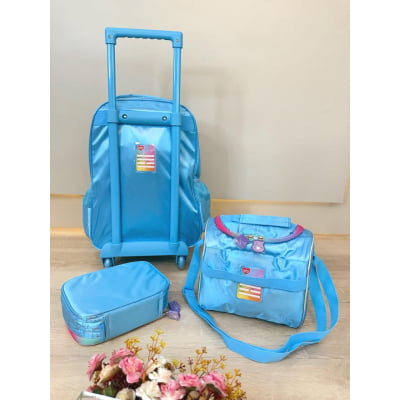Kit Mochila Infantil Tam. 16 + Estojo Box + Lancheira Térmica Ursinhos Carinhosos Azul