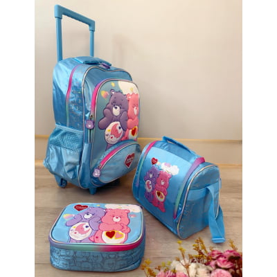 Kit Mochila Infantil Tam. 16 + Estojo Box + Lancheira Térmica Ursinhos Carinhosos Azul