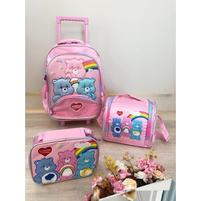 Kit  Mochila Infantil Tam.16 + Estojo Box + Lancheira dos Ursinhos Carinhosos Rosa