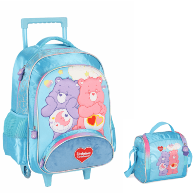 Kit Mochila Infantil c/ Rodinhas Tam. 16 + Lancheira Térmica Ursinhos Carinhosos Azul