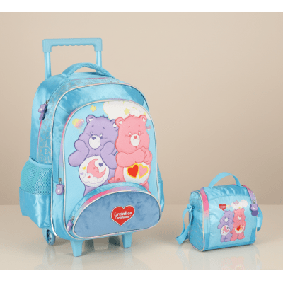 Kit Mochila Infantil c/ Rodinhas Tam. 16 + Lancheira Térmica Ursinhos Carinhosos Azul