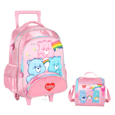 Kit Mochila Infantil c/ Rodinhas Tam. 16 + Lancheira Térmica dos Ursinhos Carinhosos Rosa