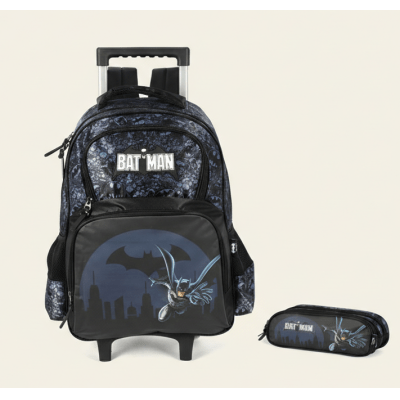Kit Mochila Infantil Com Rodinhas e Estojo Triplo do Batman Preta e Azul