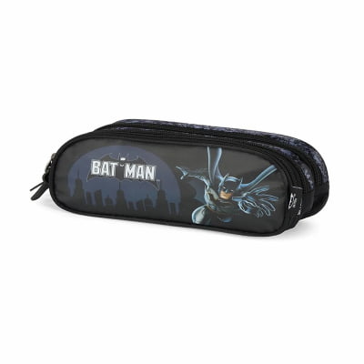 Kit Mochila Infantil Com Rodinhas e Estojo Triplo do Batman Preta e Azul