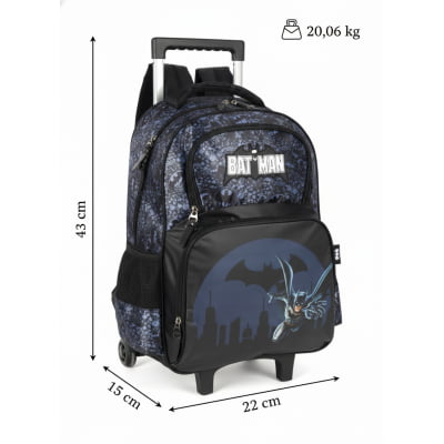 Kit Mochila Infantil Com Rodinhas e Estojo Triplo do Batman Preta e Azul