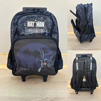 Kit Mochila Infantil Com Rodinhas e Estojo Triplo do Batman Preta e Azul