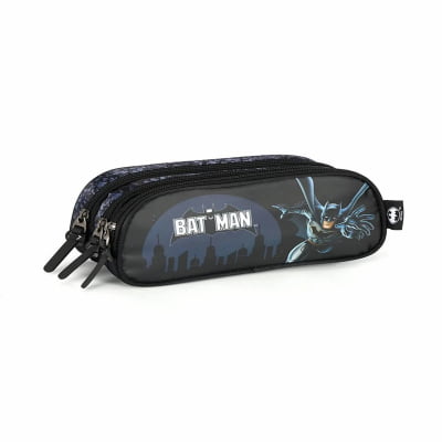 Kit Mochila Infantil Com Rodinhas e Estojo Triplo do Batman Preta e Azul