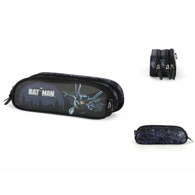 Kit Mochila Infantil Com Rodinhas e Estojo Triplo do Batman Preta e Azul