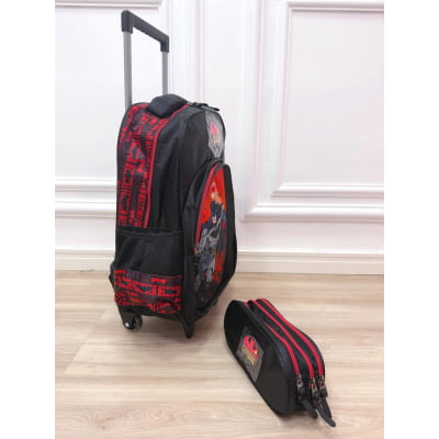 Kit Mochila Infantil Com Rodinhas e Estojo triplo do Batman Preta e Vermelha
