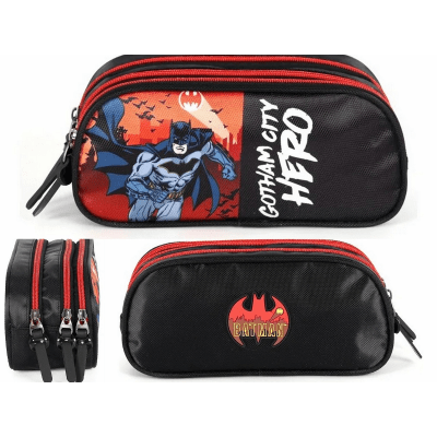 Kit Mochila Infantil Com Rodinhas e Estojo triplo do Batman Preta e Vermelha