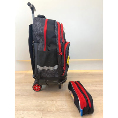 Kit Mochila Infantil Com Rodinhas e Estojo Triplo do Hotwheels Preto