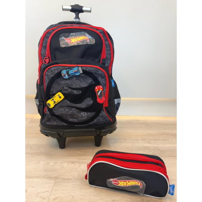 Kit Mochila Infantil Com Rodinhas e Estojo Triplo do Hotwheels Preto