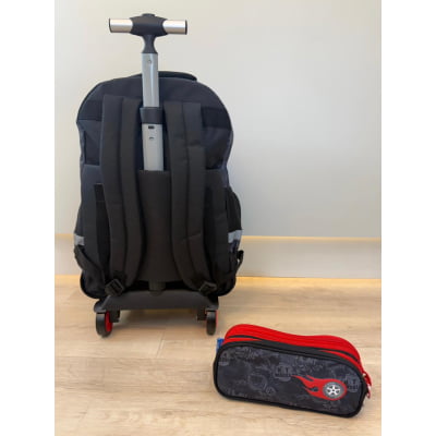 Kit Mochila Infantil Com Rodinhas e Estojo Triplo do Hotwheels Preto