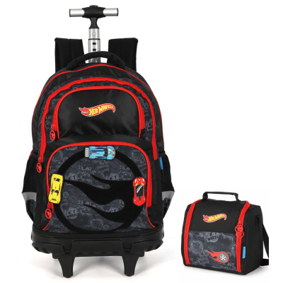 Kit Mochila Infantil Com Rodinhas e Lancheira Térmica do Hotwheels Preto