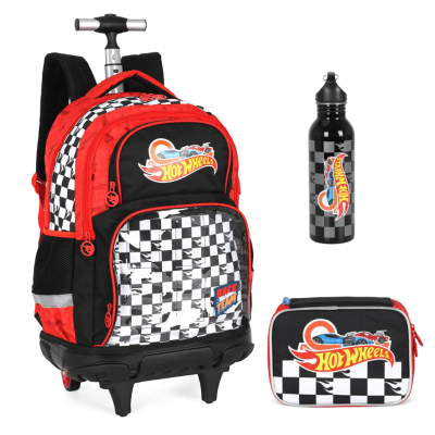 Kit Mochila Infantil Com Rodinhas + Estojo Box + Garrafinha Inóx da Hotwheels Preta e Vermelha Kit Mochila Infantil Com Rodinhas + Estojo Box + Garrafinha Inóx da Hotwheels Preta e Vermelha