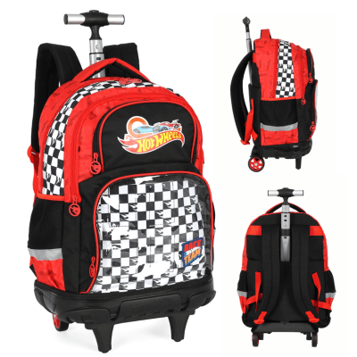Kit Mochila Infantil Com Rodinhas + Estojo Box + Garrafinha Inóx da Hotwheels Preta e Vermelha