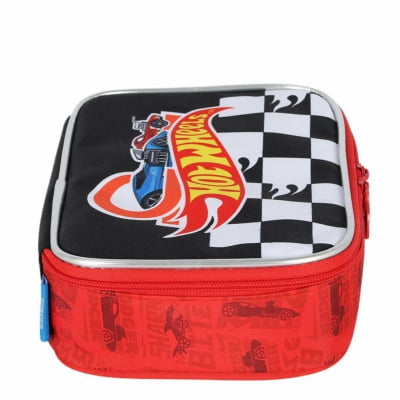 Kit Mochila Infantil Com Rodinhas + Estojo Box + Garrafinha Inóx da Hotwheels Preta e Vermelha