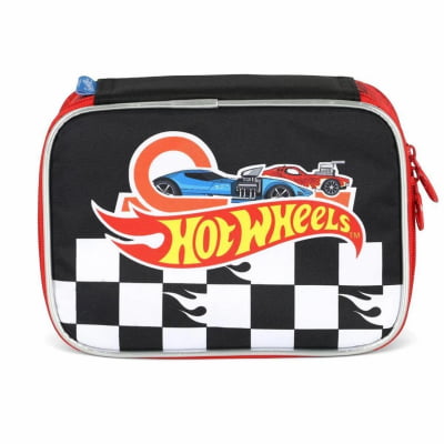 Kit Mochila Infantil Com Rodinhas + Estojo Box + Garrafinha Inóx da Hotwheels Preta e Vermelha