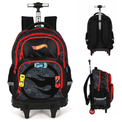 Kit Mochila Infantil Com Rodinhas + Estojo Box + Garrafinha do Hotwheels Preto