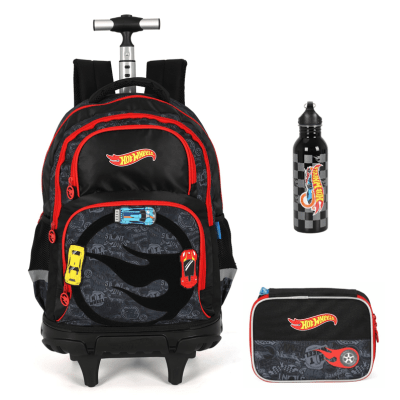 Kit Mochila Infantil Com Rodinhas + Estojo Box + Garrafinha do Hotwheels Preto Kit Mochila Infantil Com Rodinhas + Estojo Box + Garrafinha do Hotwheels Preto