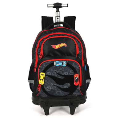 Kit Mochila Infantil Com Rodinhas + Estojo Box + Garrafinha do Hotwheels Preto