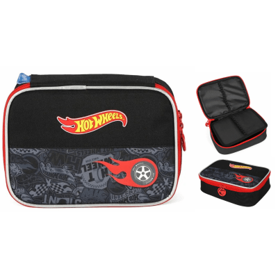 Kit Mochila Infantil Com Rodinhas + Estojo Box + Garrafinha do Hotwheels Preto