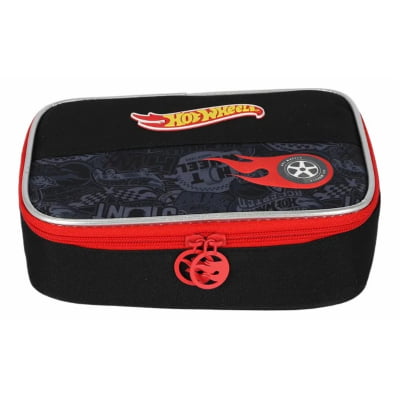 Kit Mochila Infantil Com Rodinhas + Estojo Box + Garrafinha do Hotwheels Preto