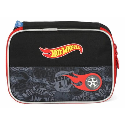 Kit Mochila Infantil Com Rodinhas + Estojo Box + Garrafinha do Hotwheels Preto