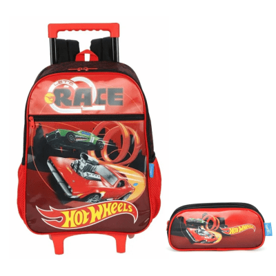 Kit Mochila Infantil Com Rodinhas + Estojo Simples do Hotwheels Race Preta e Vermelha Kit Mochila Infantil Com Rodinhas + Estojo Simples do Hotwheels Race Preta e Vermelha