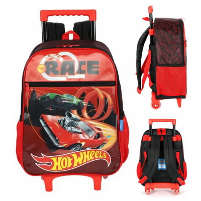Kit Mochila Infantil Com Rodinhas + Estojo Simples do Hotwheels Race Preta e Vermelha