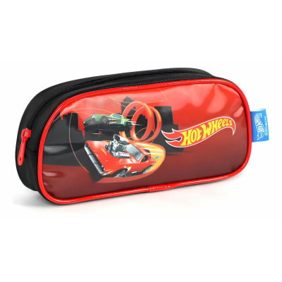 Kit Mochila Infantil Com Rodinhas + Estojo Simples do Hotwheels Race Preta e Vermelha