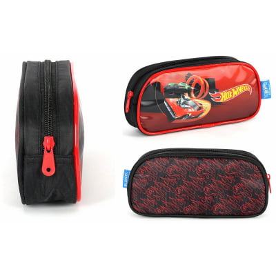 Kit Mochila Infantil Com Rodinhas + Estojo Simples do Hotwheels Race Preta e Vermelha