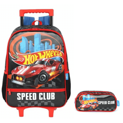 Kit Mochila Infantil Com Rodinhas + Estojo Simples do Hotwheels Speed Club Kit Mochila Infantil Com Rodinhas + Estojo Simples do Hotwheels Speed Club