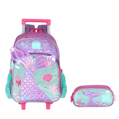 Kit Mochila Infantil Com Rodinhas + Estojo Triplo Roxo da Sereia C/ Paetê Kit Mochila Infantil Com Rodinhas + Estojo Triplo Roxo da Sereia C/ Paetê