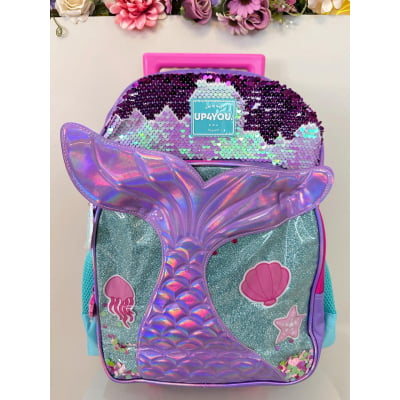 Kit Mochila Infantil Com Rodinhas + Estojo Triplo Roxo da Sereia C/ Paetê