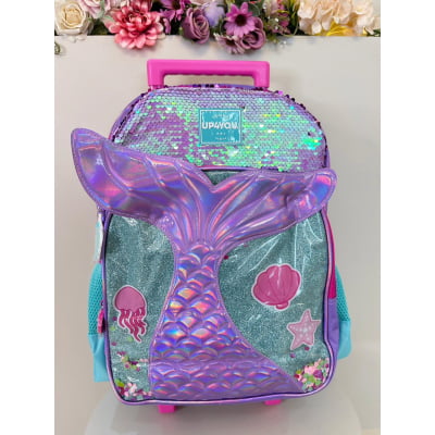 Kit Mochila Infantil Com Rodinhas + Estojo Triplo Roxo da Sereia C/ Paetê