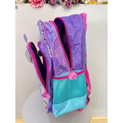 Kit Mochila Infantil Com Rodinhas + Estojo Triplo Roxo da Sereia C/ Paetê