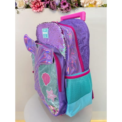 Kit Mochila Infantil Com Rodinhas + Estojo Triplo Roxo da Sereia C/ Paetê