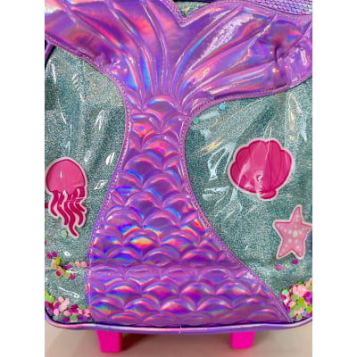 Kit Mochila Infantil Com Rodinhas + Estojo Triplo Roxo da Sereia C/ Paetê