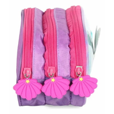 Kit Mochila Infantil Com Rodinhas + Estojo Triplo Roxo da Sereia C/ Paetê