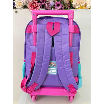 Kit Mochila Infantil Com Rodinhas + Estojo Triplo Roxo da Sereia C/ Paetê