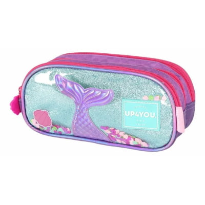 Kit Mochila Infantil Com Rodinhas + Estojo Triplo Roxo da Sereia C/ Paetê